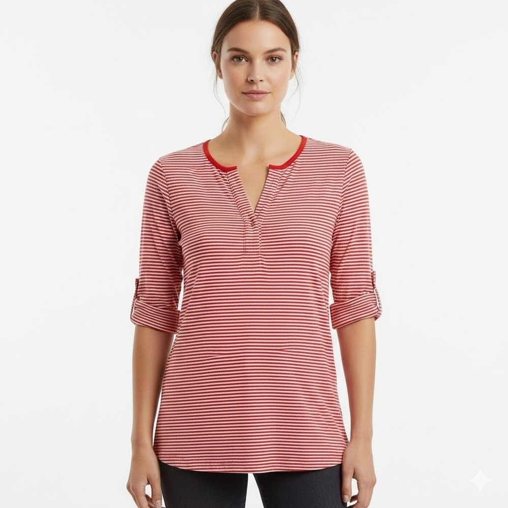 Sledge‎ USA Striped Henley Top Women's S Red Coastal Preppy Nautical Retro Chic